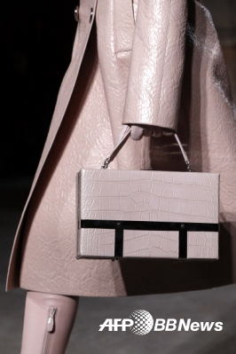 10일(현지시간) 프랑스 파리에서 2015/16 F/W 파리 패션위크가 열린 가운데 한 모델이 영국 디자이너 브랜드 알렉산더 맥퀸의 컬렉션 의상과 가방을 선보이고 있다.<br>ⓒAFPBBNews=News1