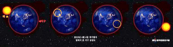 한국천문연구원은 식목일 전날인 4월 4일 달이 지구의 그림자에 가려지는 ’개기월식’ 천문현상이 일어난다고 18일 예보했다. 사진은 4월 4일 개기월식 달에서 본 지구 상상도.  한국천문연구원