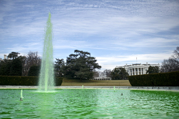 ‘세인트 패트릭 데이’(St.Patrick’s Day)를 맞은 17일(현지시간) 미국 워싱턴DC 백악관 앞 사우스론에서 초록색으로 염색된 분수의 모습이 보인다.  ⓒAFPBBNews=News1