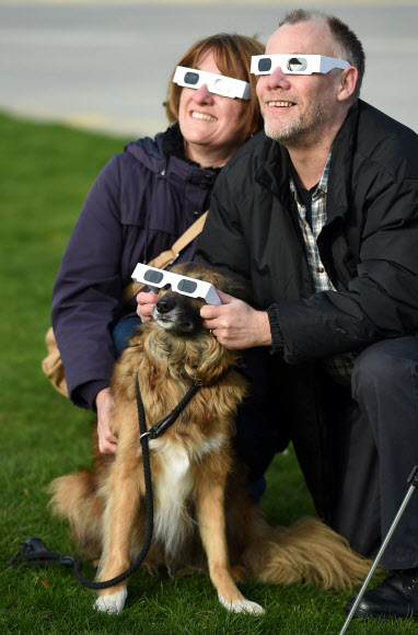 20일(현지시간) 영국 잉글랜드 북서쪽 리버풀의 피어 헤드에서 한 시민이 반려견에게 보호 안경을 씌우고 부분 개기일식을 보여주고 있다. ⓒAFPBBNews=News1
