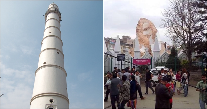 무너지기 전(왼쪽) 네팔 카트만두의 랜드마크인 다라하라(빔센) 탑. 지진이 덮친 뒤 탑의 하단부만 남아 있다. 플리커. 트위터.