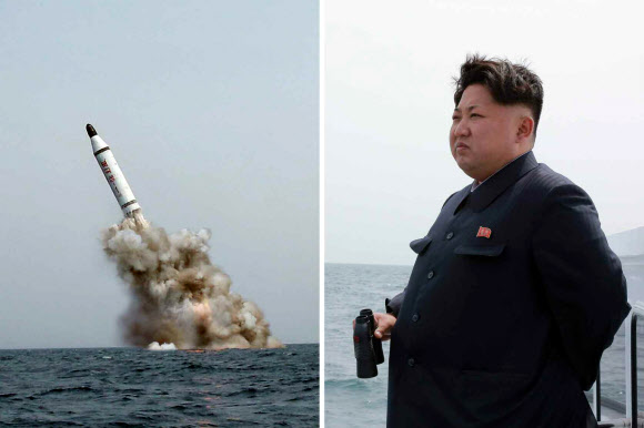 북한 노동신문이 지난 9일 전략잠수함의 탄도탄 수중시험발사에 성공했다고 보도했다. 왼쪽 사진은 탄도탄이 바닷속에서 솟구쳐 오르는 모습, 오른쪽 사진은 시험 발사를 참관하는 김정은 국방위원회 제1위원장의 모습