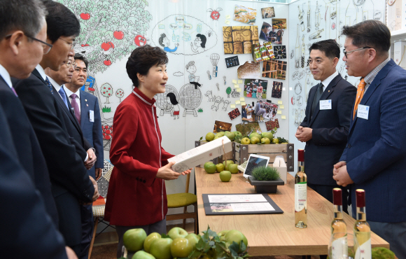박근혜 대통령이 22일 충남 천안시 테크노파크에서 열린 충남창조경제 혁신센터 출범식에서 예산사과와인 등 농수산품 명품화 지원에 대해 설명하고 있다. 2015. 05. 22 안주영 jya@seoul.co.kr