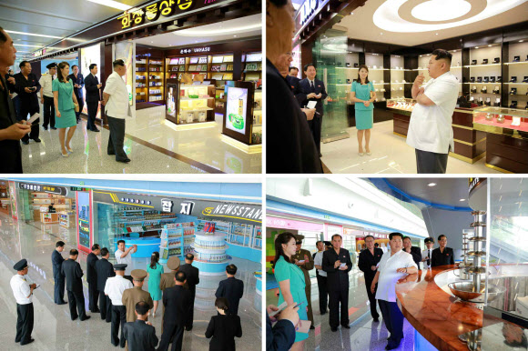 북한 평양국제공항 신청사 면세점과 상점 둘러보는 김정은