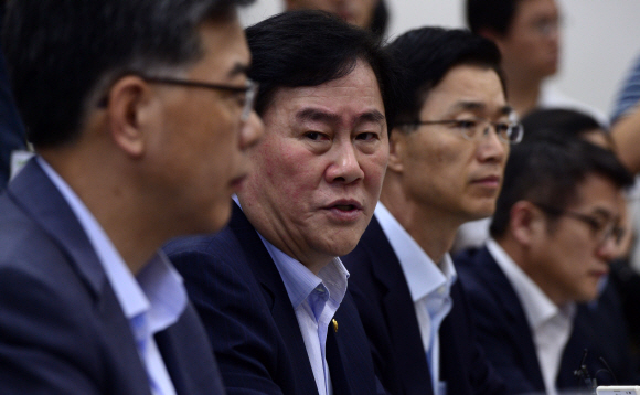 최경환 경제부총리가 1일 오전 서울 여의도 국회에서 열린 메르스 극복과 서민생활 안정을 위한 2015년 추경예산[안] 당정협의에 참석해 모두발언을 하고 있다.  박해묵 기자 mook@heraldcorp.com