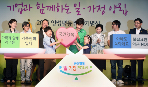 박근혜 대통령이 6일 서울 중구 대한상공회의소에서 열린 ‘기업과 함께하는 일·가정 양립 행사’에서 어린이들과 함께 국민행복을 상징하는 조형물을 일·가정 양립을 의미하는 시소에 올리는 퍼포먼스를 하고 있다. 안주영 기자 jya@seoul.co.kr