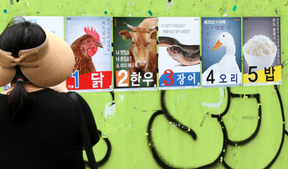 절기상 중복인 23일 오후 서울 종로를 찾은 시민이 의료정보 애플리케이션 ‘굿닥’의 ‘제1대 보양식통령 선거’ 포스터를 살펴보고 있다. 오는 26일까지 진행하는 보양식통령 선거는 굿닥 어플내 굿닥캐스트에서 투표하면 된다.  연합뉴스