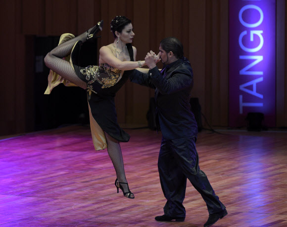 20일(현지시간) 아르헨티나 부에노스아이레스에서 열린 ‘2015 탱고 월드 챔피언십’ 스테이지 부문에 참가한 아르헨티나 선수들이 실력을 뽐내고 있다. ⓒ AFPBBNews=News1