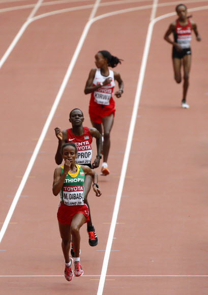 마레 디바바(맨 앞·에티오피아)가 30일 중국 베이징 국립경기장에서 열린 2015 국제육상경기연맹(IAAF) 세계육상선수권 여자 마라톤에서 2시간27분35초의 기록으로 가장 먼저 결승선에 들어오고 있는 가운데 헬라 키프롭(앞쪽 두 번째·케냐)과 에우니세 젭키루이 키르와(세 번째·바레인)가 뒤따르고 있다. 베이징 AP 연합뉴스