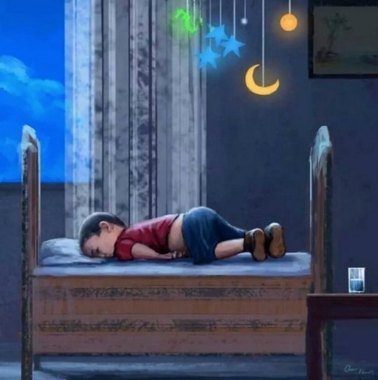 쿠르디가 바다에서 발견된 자세 그대로 침대에서 잠을 자고 있는 모습으로 그린 그림