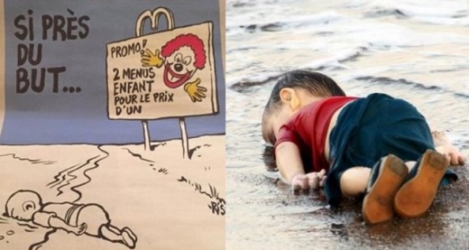 프랑스 주간지 샤를리 에브도가 게재한 터키 해변에서 숨진 3살 난민 꼬마를 조롱하는 듯한 내용의 만평.