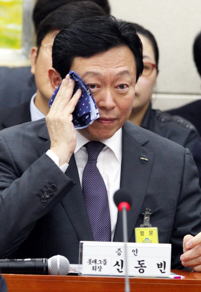 신동빈 롯데그룹 회장 이 17일 국회에서 열린 정무위원회의 공정거래위원회 국정감사 의원의 질의를 경청하며 땀을 닦고있다. 정연호 기자 tpgod@seoul.co.kr