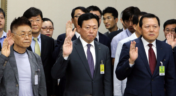 17일 오후 국회에서 열린 정무위 공정거래위등에 대한 국정감사에 증인으로 출석한 신동빈 롯데그릅 회장등이 증인선서를 하고 있다.  정연호 기자 tpgod@seoul.co.kr