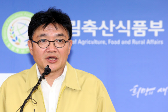 이천일 농식품부 축산정책국장이 21일 오전 정부세종청사 농식품부 기자실에서 전남 담양, 광주 북구 전통시장 내 가금판매소에 대한 상시예찰 과정에서 H5N8 AI 항원이 검출됐다고 밝히고 있다. 연합뉴스