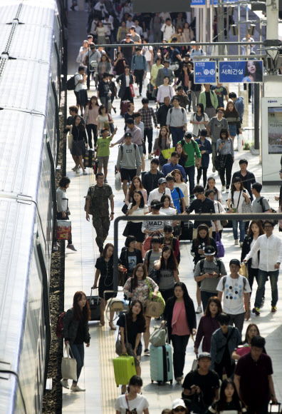 열차에서 내리는 귀경객들