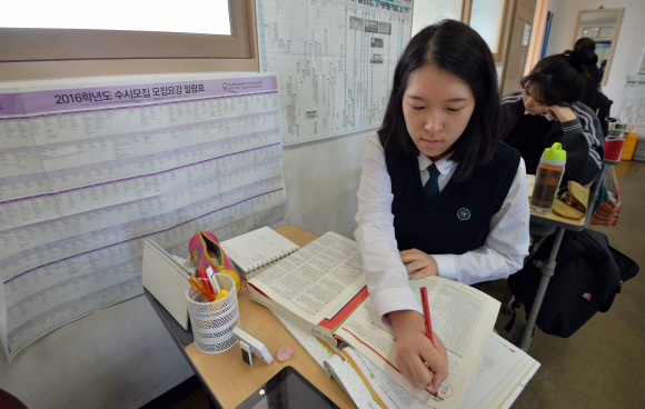 대학 수학능력시험을 31일 앞둔 12일 서울 영등포여자고등학교에서 고3 수험생이 수시일정표 앞에서 공부에 열중하고 있다. 2015.10.12 박지환기자 popocar@seoul.co.kr