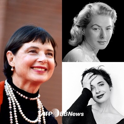 이사벨라 로셀리니(현재), 어머니 잉그리드 버그만(위), 로셀리니(젊었을 때)