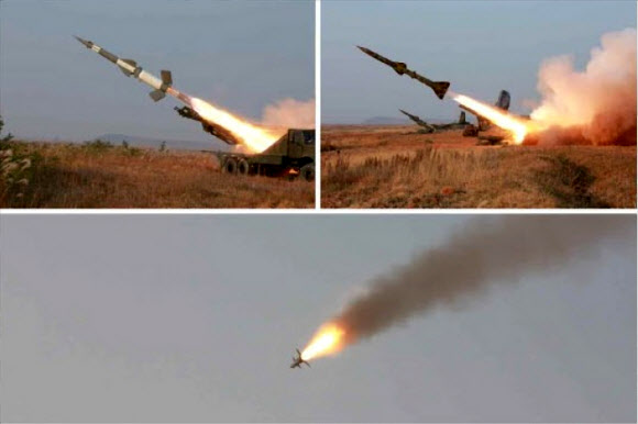 북한 노동신문은 3일 김정은 북한 국방위원회 제1위원장이 인민군 서부전선 반(反)항공부대들의 ’고사로켓’ 사격훈련을 참관했다고 보도했다. 김 제1위원장은 ”고사로켓 싸움준비를 완성하기 위한 사업을 실속있게 짜고들며 새 세기의 요구에 맞게 고사로켓의 현대화·정밀화를 계속 다그쳐야한다”고 주문했다. 사진은 ’고사로켓’으로 추정되는 무기의 발사 모습. 연합뉴스