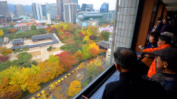 6일 서울 서소문별관에서 시민들이 단풍이 물든 덕수궁을 바라보고 있다. 박지환 기자 popocar@seoul.co.kr