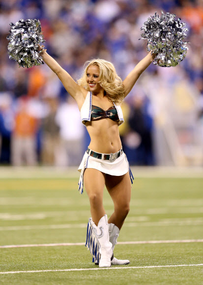 인디애나폴리스 콜츠의 치어리더들이 8일(현지시간) 미국 인디애나주 인디애나폴리스의 루카스오일 스타디움에서 덴버 브롱코스를 상대로 열린 경기 중간에 공연을 펼치고 있다. ⓒ AFPBBNews=News1