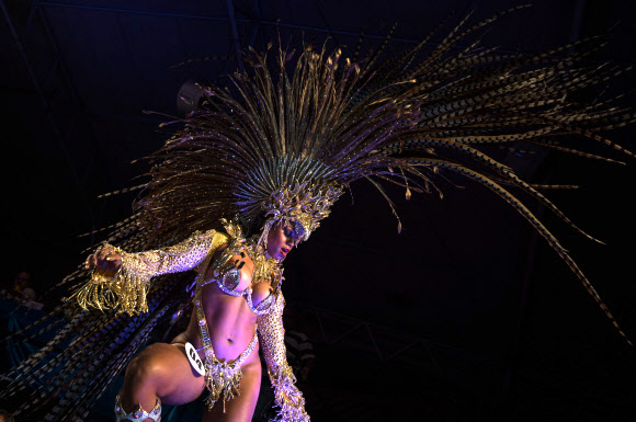 13일(현지시간) 브라질의 리오데자네이루에서 열린 ‘2016 리우 카니발 킹&퀸 선발대회’에 참가한 삼바 댄서가 무대 위에서 멋진 퍼포먼스를 선보이고 있다. ⓒ AFPBBNews=News1