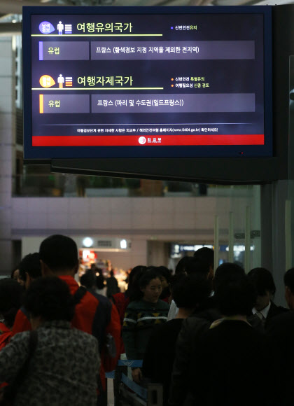 프랑스 파리에서 일어난 테러로 인천국제공항에 대테러 대비 경계·경비가 강화된 16일 인천 영종도 인천공항 출국장 모니터에 프랑스가 여행유의국가와 여행자제국가로 지정됐음을 알리는 여행경보단계가 표시돼 있다.  연합뉴스