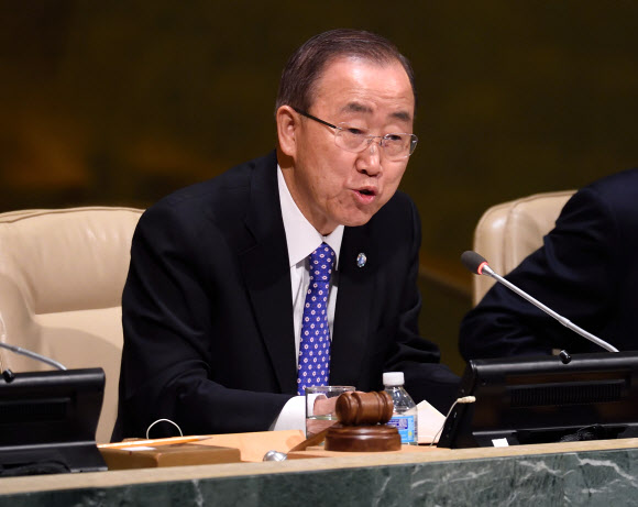 United Nations Secretary General Ban Ki-moon speaks at the Special Thematic Session on Water and Disaster November 18, 2015 at the United Nations in New York.