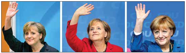앙겔라 메르켈 독일 총리가 베를린에서 총선 직후 지지자들에게 손을 흔들어 인사하고 있다. 왼쪽부터 2005년과 2009년, 2013년 9월 총선 당시 메르켈 총리의 모습. 서울신문 포토라이브러리