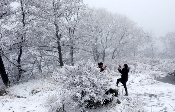24일 대설주의보가 내려진 가운데 첫눈이 내린 강원 강릉시 옛 영동고속도로 대관령 구간에서 관광객들이 사진을 찍으며 즐거워 하고 있다. 연합뉴스