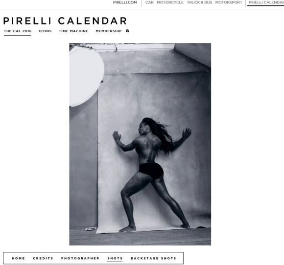 50년 넘게 여성의 누드로 열두 달을 장식해온 것으로 유명한 ‘피렐리 달력’이 내년 판에는 자신의 분야에서 성취를 이룬 여성들의 모습을 담았다. 사진은 4월을 장식한 테니스 선수 세리나 윌리엄스. 피렐리 달력 홈페이지 캡처