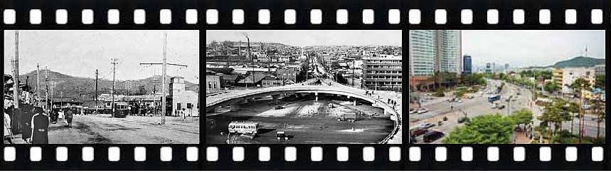 오는 11일까지 용산아트홀에서 ‘용산의 역사를 찾아서’ 사진전이 열리고 있다. 사진은 삼각지로 왼쪽부터 해방 이전, 1967년, 올해.<br>서울역사박물관·국가기록원·용산구 제공