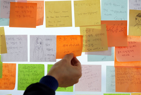 병신년(丙申年) 새해를 이틀 앞둔 30일 오후 인천시 중구 월미공원 월미전망대에 새해 소망이 적힌 쪽지가 붙어 있다.  연합뉴스