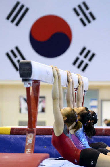 스트레칭하는 체조 대표선수들