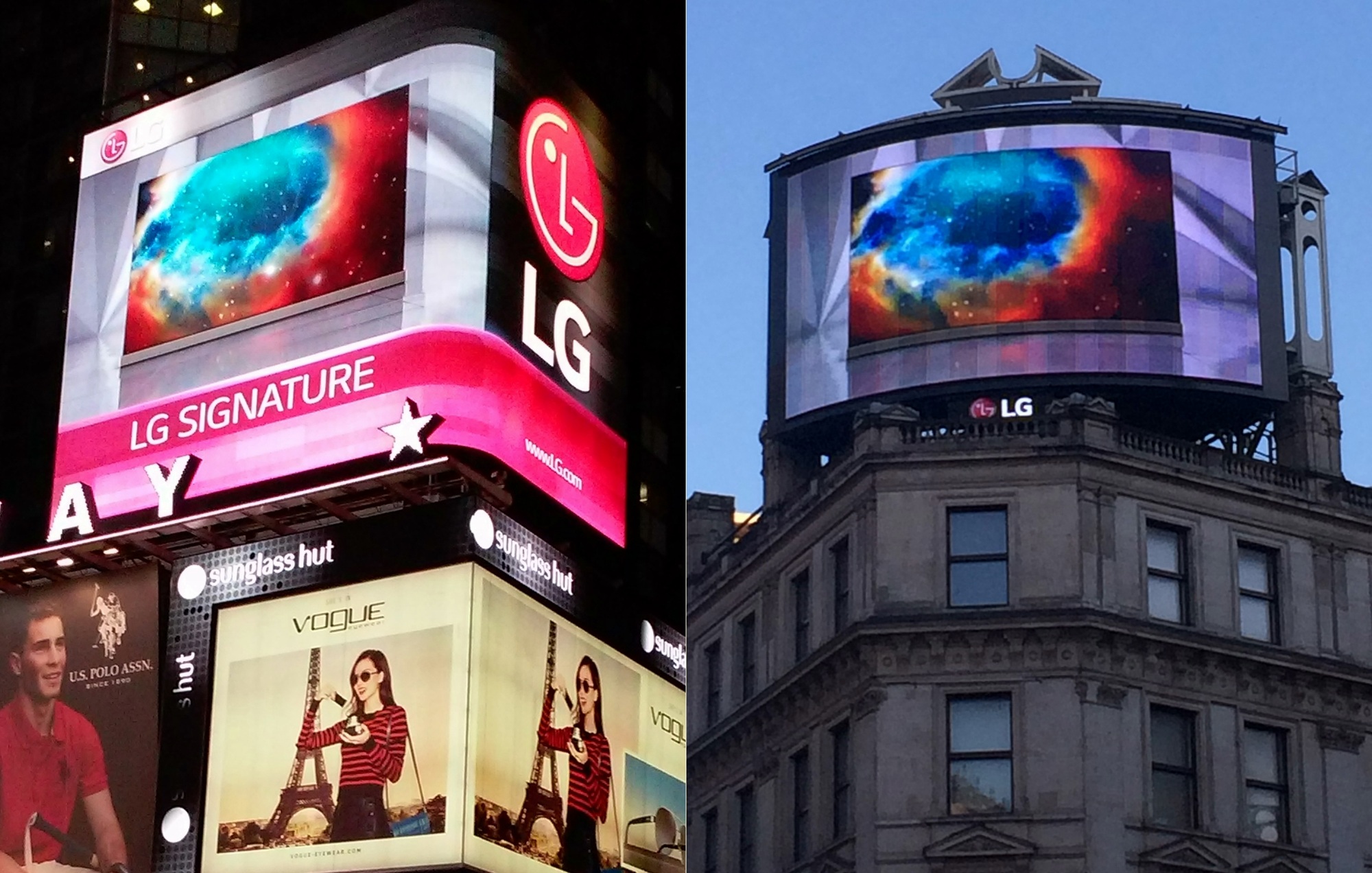 LG전자는 이달 초부터 미국 뉴욕 타임스퀘어와 영국 런던 피카딜리 광장의 LED 전광판에 LG 시그니처 광고를 상영하고 있다고 17일 밝혔다. << LG전자 제공 >>