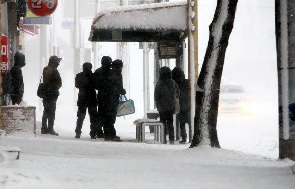 30여년만의 기록적인 폭설에 제주도 전 지역이 눈으로 뒤덮인 24일 제주시 이도동의 한 버스정류장에서 사람들이 버스를 기다리고 있다.  연합뉴스