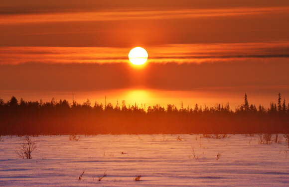 북극의 설원 위에 펼쳐진 해돋이. 태양 아래로 얼음 알갱이들이 굴절시킨 빛의 잔상이 또렷하다. 이 상태로 사위를 밝힌 해는 4시간 뒤 다시 진다.
