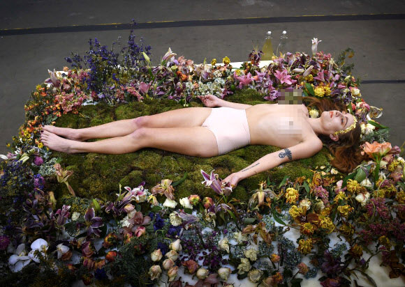 행위 예술가 밀리 브라운이 31일(현지시간) 미국 캘리포니아주 로스앤젤레스에서 열린 LA 아트쇼에서 작품 ‘시드는점(Wilting Point)’을 선보이고 있다. ⓒ AFPBBNews=News1