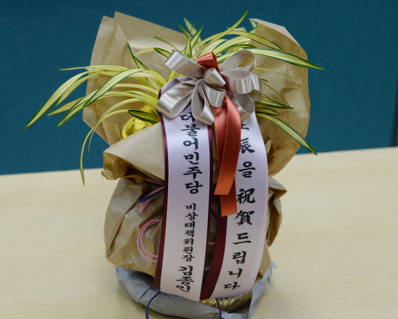 박근혜 대통령의 64번째 생일인 2일 김종인 비상대책위원장이 박 대통령에게 생일선물로 전달하려했지만 청와대 측의 거절로 인해 전달하지 못한 축하 난 화분이 국회 더불어민주당 공보실에 놓여 있다. 박지환 기자 popocar@seoul.co.kr