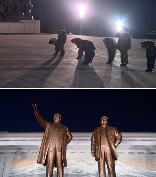 장거리 미사일 발사를 참관했던 북한 김정은 국방위원회 제1위원장이 지난 7일 발사 당일 밤 평양 만수대 언덕을 여동생인 김여정 당 부부장과 함께 김일성, 김정일 동상에 헌화했다. 조선중앙TV