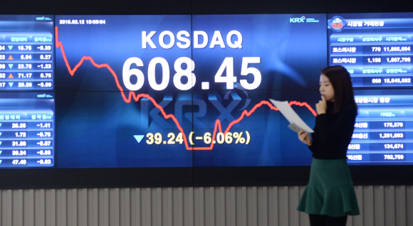 코스닥지수가 장중 한때 600선 아래로 떨어지는 등 주가 급락이 이어진 12일 서울 여의도 한국거래소에서 한 직원이 시세판 앞을 지나가고 있다.  이종원 선임기자 jongwon@seoul.co.kr