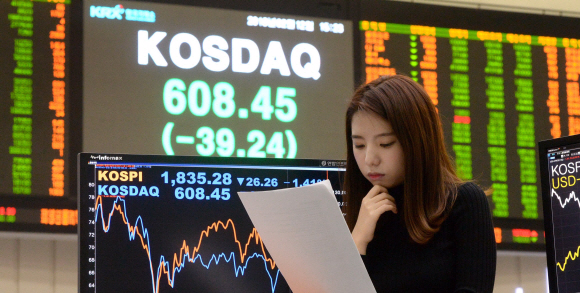 코스닥지수가 장중 한때 600선 아래로 떨어지는 등 주가 급락이 이어진 12일 서울 여의도 한국거래소에서 한 직원이 거래상황을 지켜보고 있다.  이종원 선임기자 jongwon@seoul.co.kr