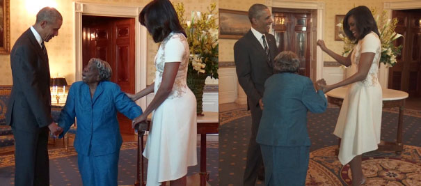 지난 21일(현지시간) 유튜브에 공개된 버락 오바마 대통령 내외와 106세 흑인 할머니의 댄스 동영상. 1분 29초 분량의 동영상에는 ‘흑인 역사의 달’을 맞아 백악관을 방문한 버지니아 맥로린 할머니가 평생소원을 이룬 데 감격해 춤을 추자 대통령 내외가 이에 호응하는 모습이 담겼다. 다음달 12일 107세가 되는 맥로린은 “흑인 대통령, 흑인 영부인”이라며 감격스러워했다. 페이스북에선 동영상 공개 5시간 만에 900만뷰를 기록했고, 28만 2000명이 ‘좋아요’를 눌렀다. 백악관 홈페이지 캡처