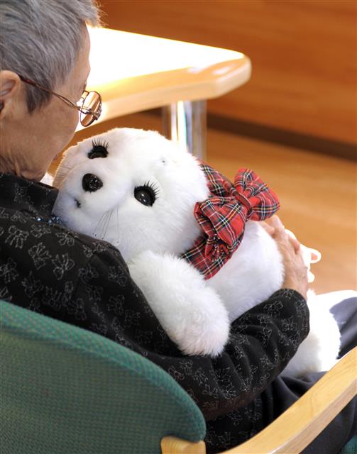 초고령 사회로 접어든 일본에서 노인을 돌보는 개호가 사회문제로 대두했다. 이런 가운데 일본 요코하마시의 한 요양시설에서 여성 노인이 노인 개호를 위한 심리치료로봇과 함께 시간을 보내고 있다. 도쿄신문 제공