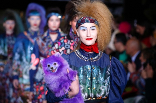 3일(현지시간) 프랑스 파리에서 열린 패션쇼에서 패션 브랜드 ‘마니시 아로라’의 2016-2017 가을/겨울 컬렉션 의상을 입은 모델이 보라색으로 염색한 강아지를 들고 런웨이에서 걷고 있다.<br>AFP 연합뉴스