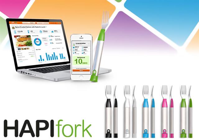 포크에 달린 센서로 섭취 습관을 측정, 식습관 개선에 도움을 주는 해피포크. 해피랩스 제공