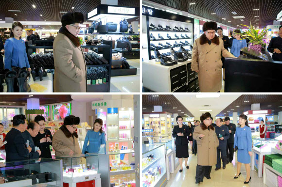 북한 김정은 국방위원회 제1위원장이 부인 리설주, 여동생 김여정 등 가족과 최룡해 노동당 비서를 비롯한 당 핵심인사들을 대동하고 민생행보에 나섰다고 노동신문이 28일 보도했다. 사진은 김 제1위원장이 평양시내 미래상점과 종합봉사기지를 방문하는 장면.  연합뉴스