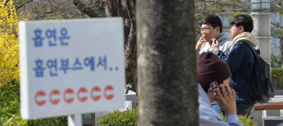 서울 성동구 한양대에서 31일 학생들이 흡연 금지 팻말 옆에서 담배를 피우고 있다.  손형준 기자 boltagoo@seoul.co.kr 