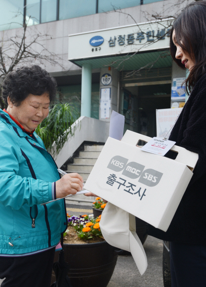 20대 국회의원 선거날 종로구 삼청동 투표소 앞에서 투표 후 나오는 유권자들 대상으로 출구 조사를 하고 있다. 안주영 기자jya@seoul.co.kr