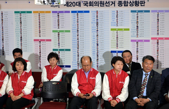 새누리당사가 썰렁한 가운데 20대 총선 비례대표들만이 13일 밤 서울 여의도 당사에서 각 방송사의 선거 개표 방송을 바라보고 있다.  이종원 선임기자 jongwon@seoul.co.kr