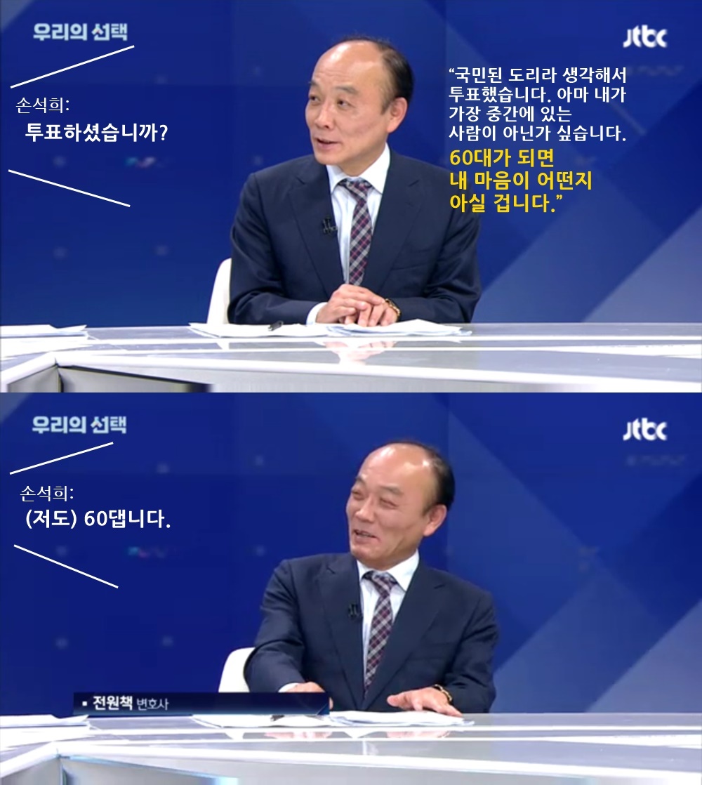 손석희 앵커와 이야기를 나누다 머쓱해진 전원책 변호사. JTBC